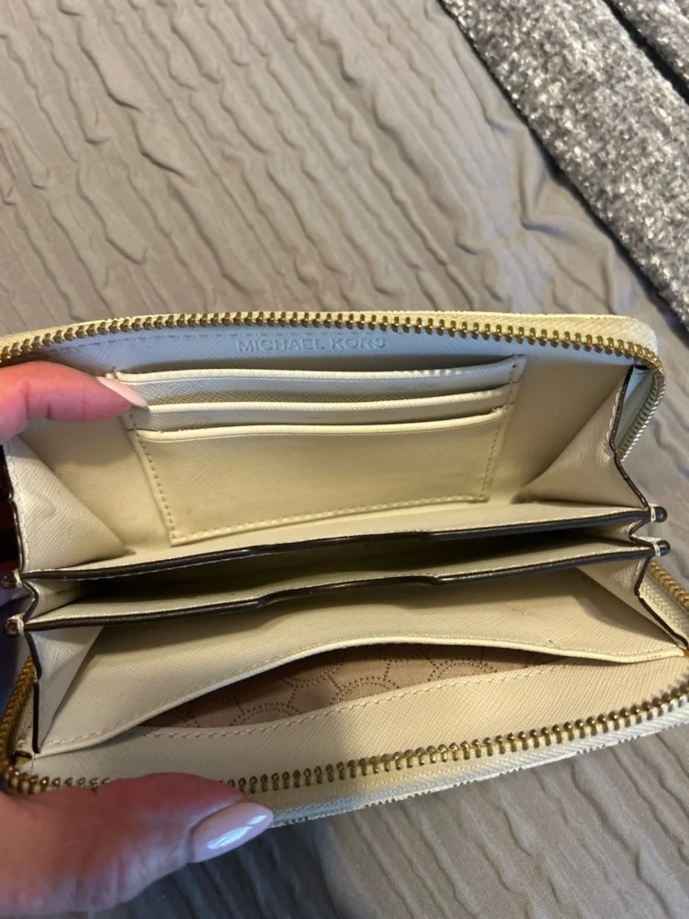 Michael Kors White/ Beige MK Monogram Zip Wallet with Gold Plate